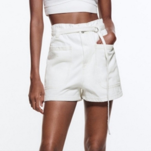 ❌️SOLD❌️NWT ZARA WHITE DENIM HIGH WAISTED PAPERBAG BERMUDA SHORTS - Picture 2 of 14